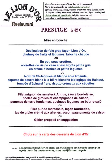 le lion d'or menu.